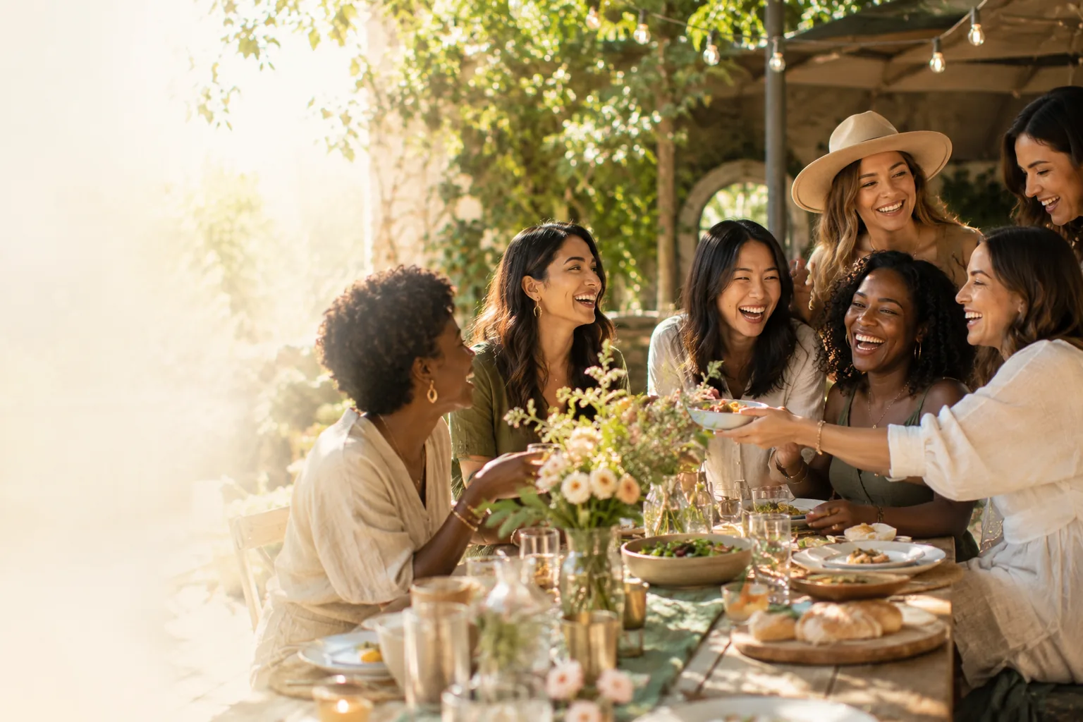 A racially diverse group of women laughing together around a sunlit garden table