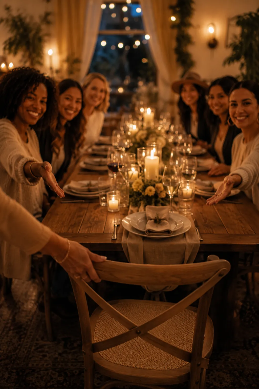 Members at a candlelit dinner reaching out to welcome a newcomer to an empty seat