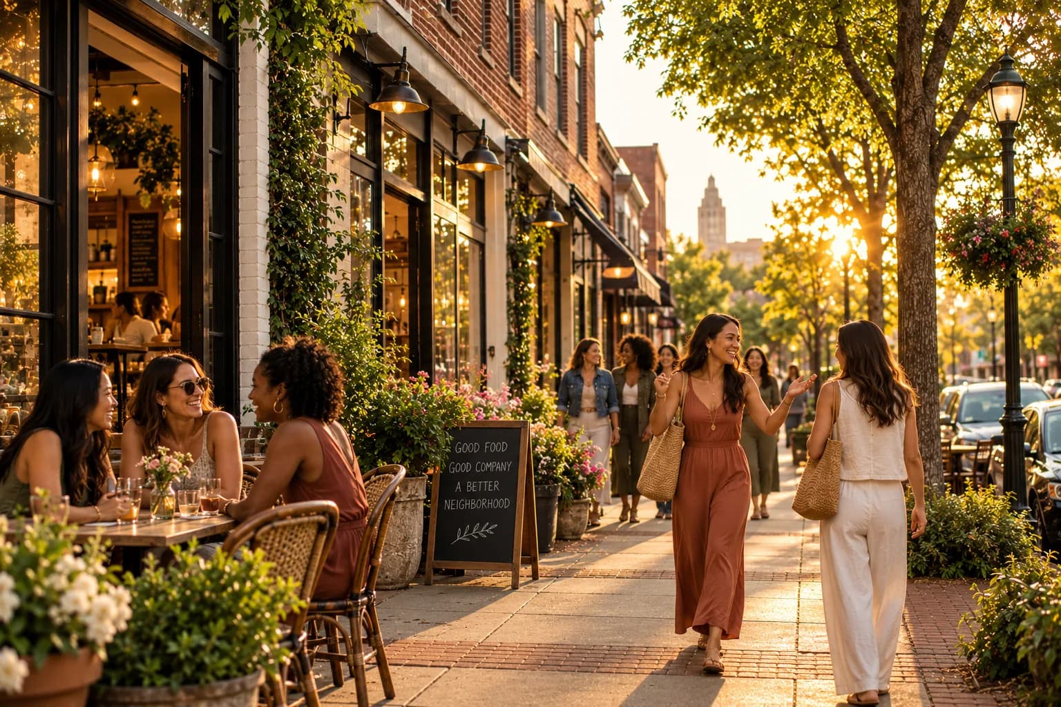 A walkable, tree-lined Triangle neighborhood street at golden hour