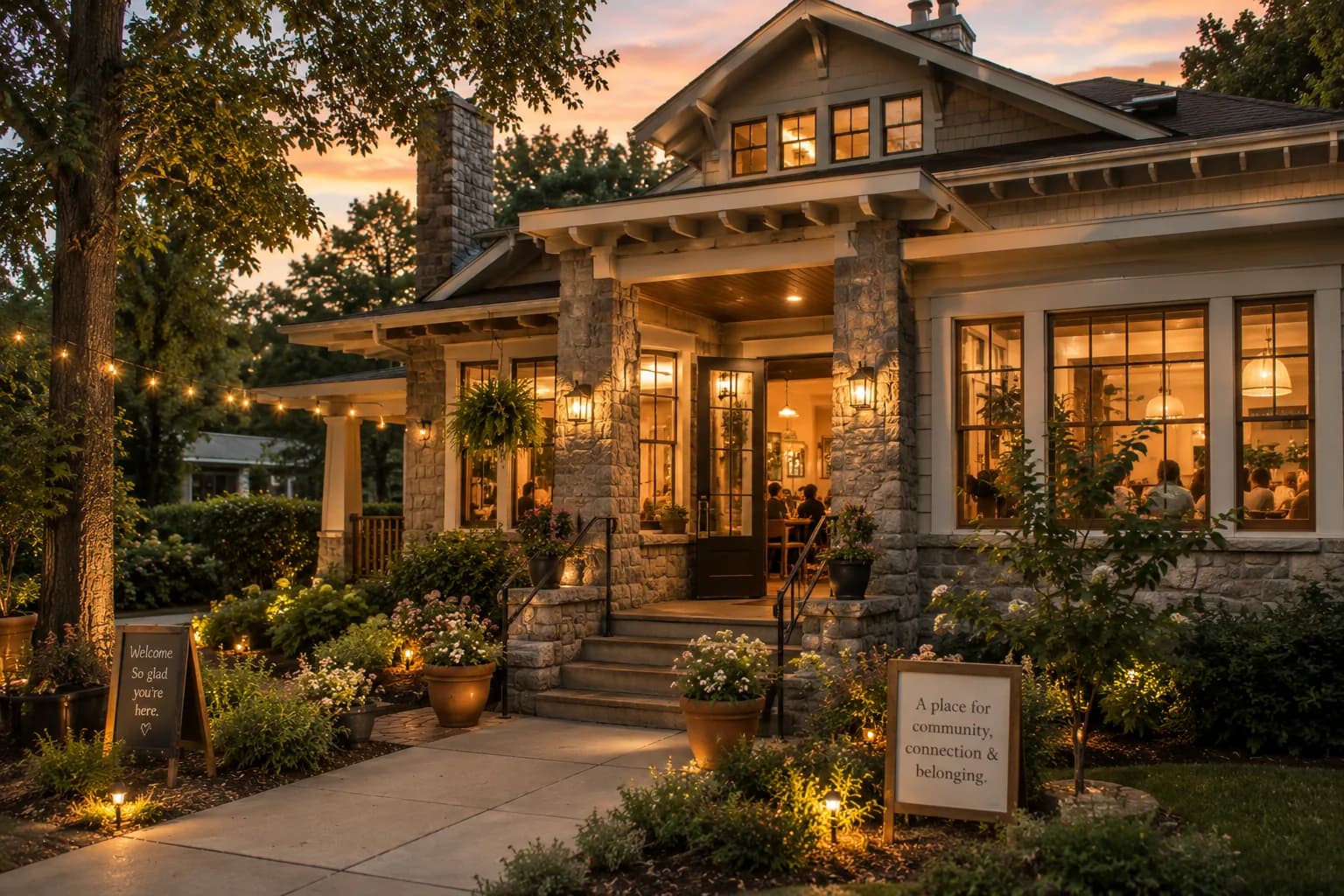 A warmly lit Society Circle Neighborhood House at dusk