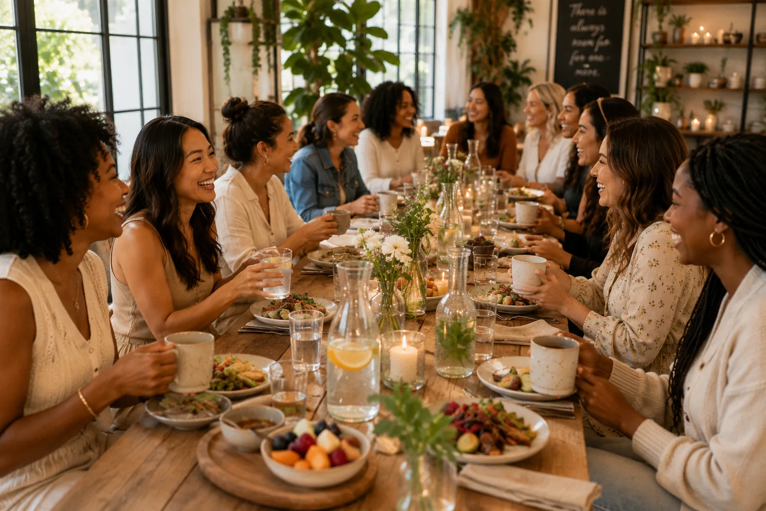 A large, diverse group of women sharing a long table together