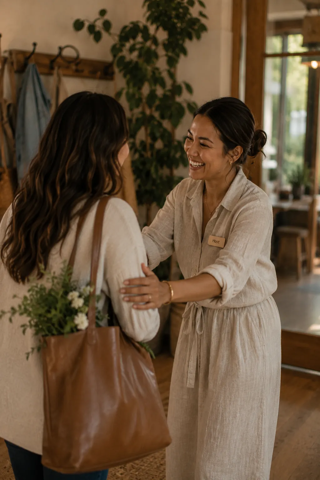 A host warmly greeting a guest at the door of a gathering