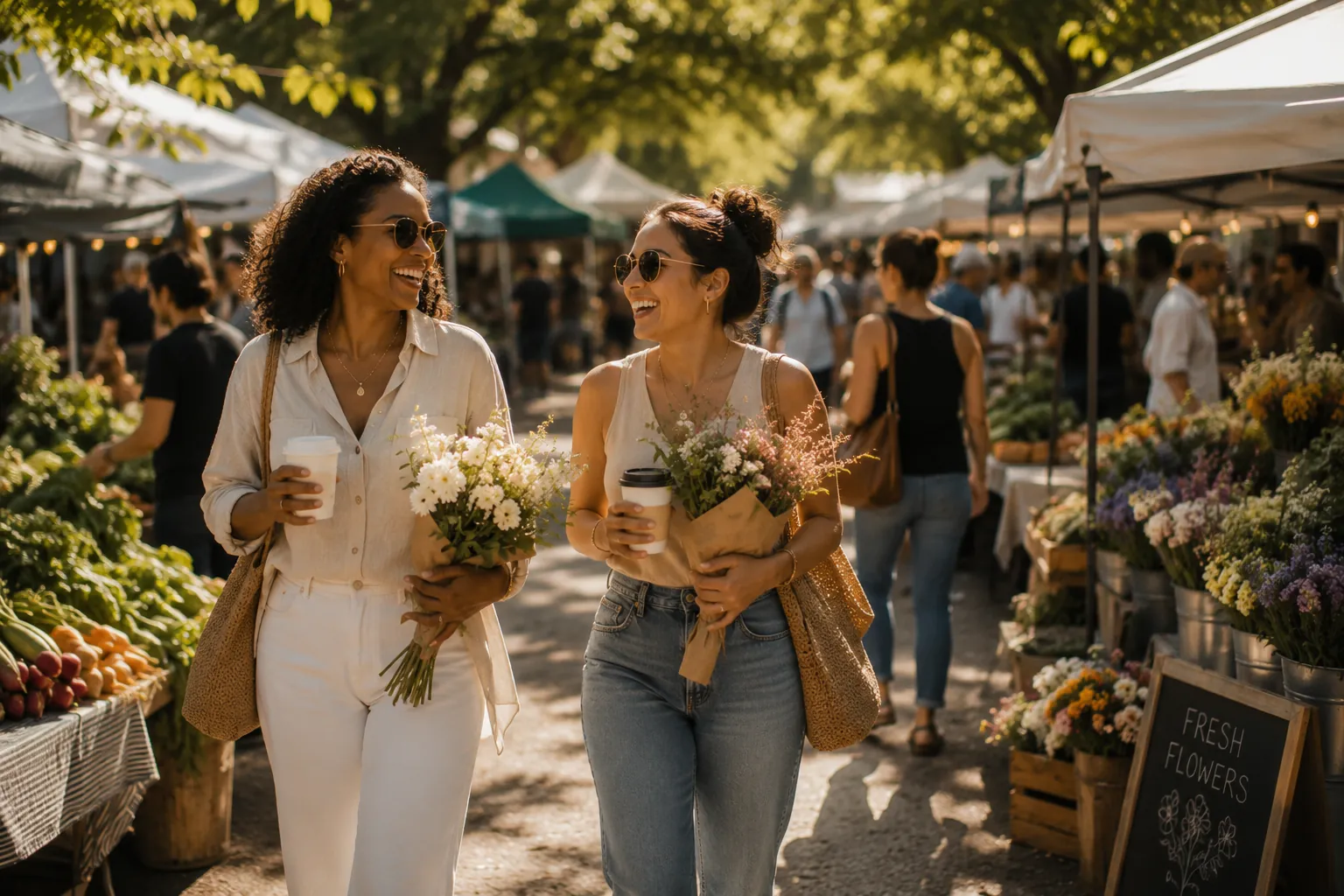 Friends laughing together at a sunny farmers market