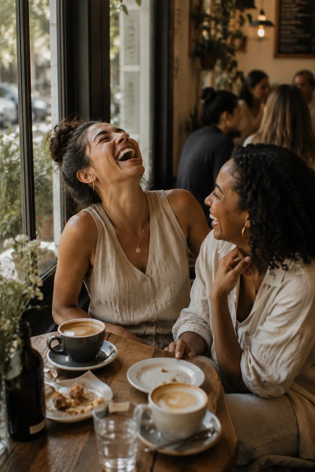 Two friends laughing together over coffee at a cafe window