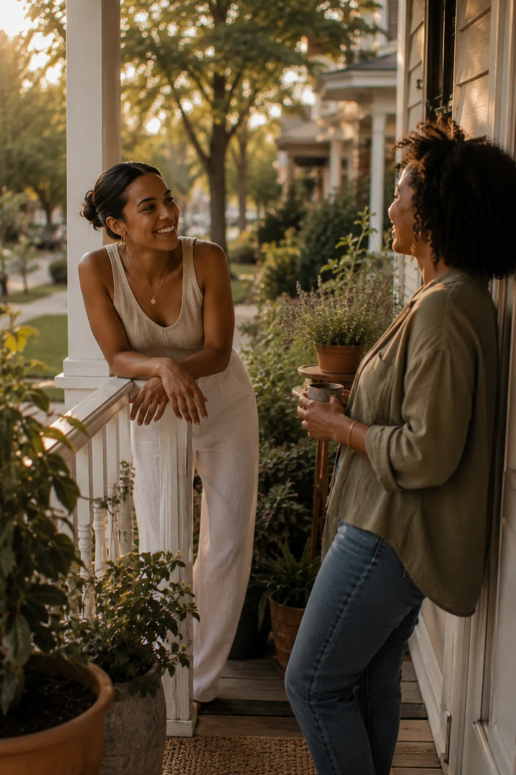 Two friends talking warmly on a sunlit front porch