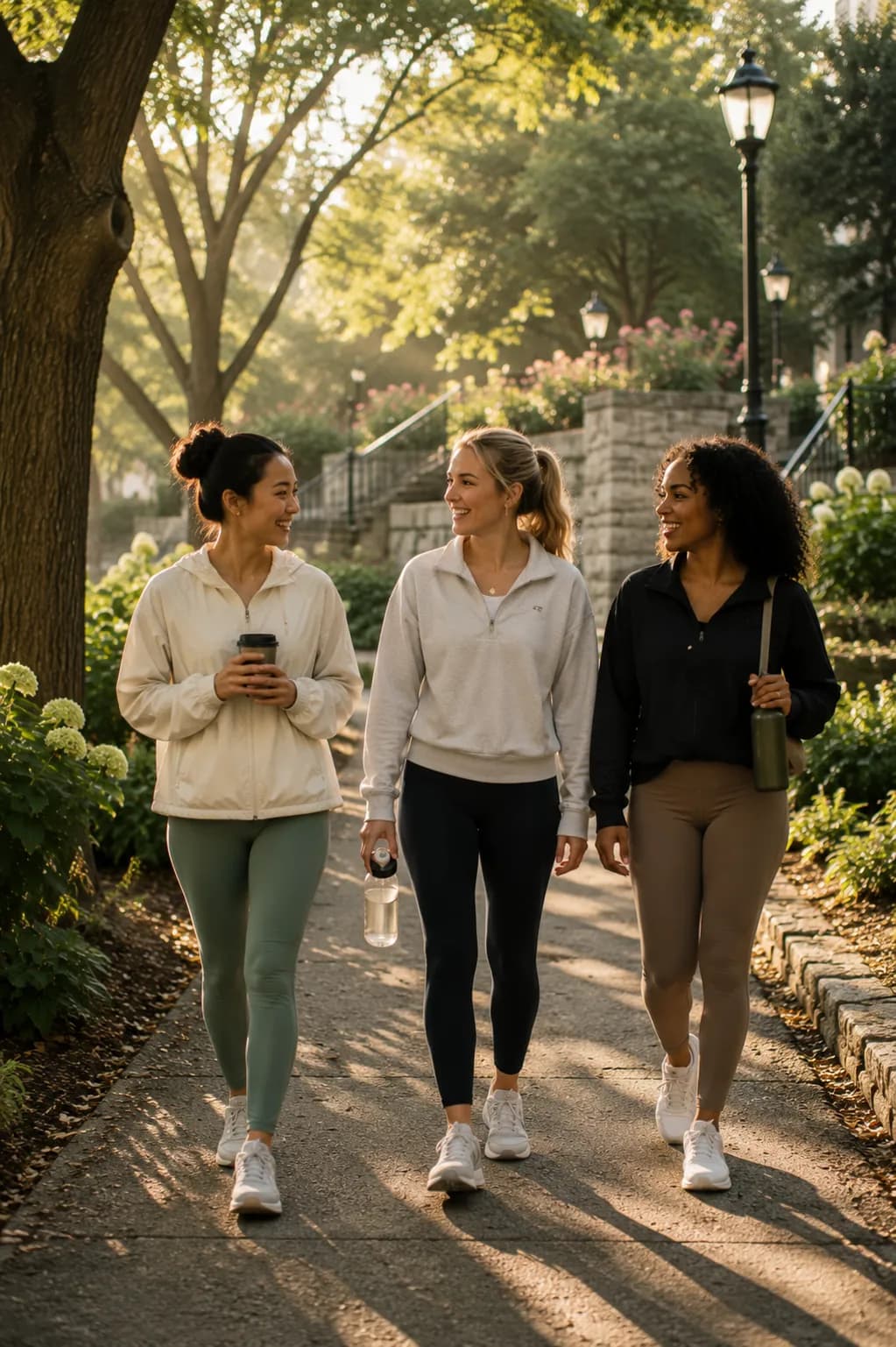 Friends walking and talking together along a garden path