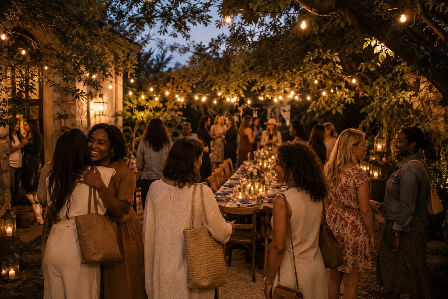 Members embracing at a candlelit garden dinner
