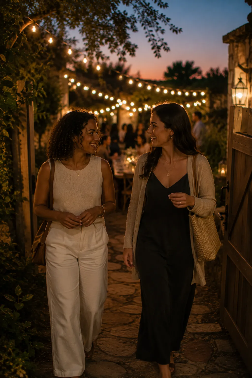 Two friends walking together toward an evening gathering